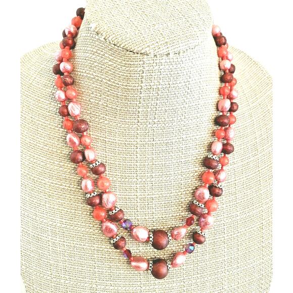 Vintage mid century double strand beaded necklace pinks reds romantic retro look - Picture 1 of 6
